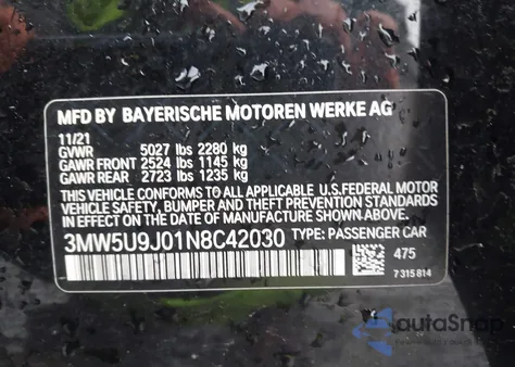 2022 BMW 3 Series M340I xDrive z USA, uszkodzony, nr VIN 3MW5U9J01N8C42030